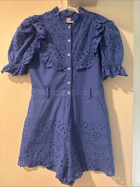 Girls Marlo Blue Eyelet Button-Front Romper  13-14 years